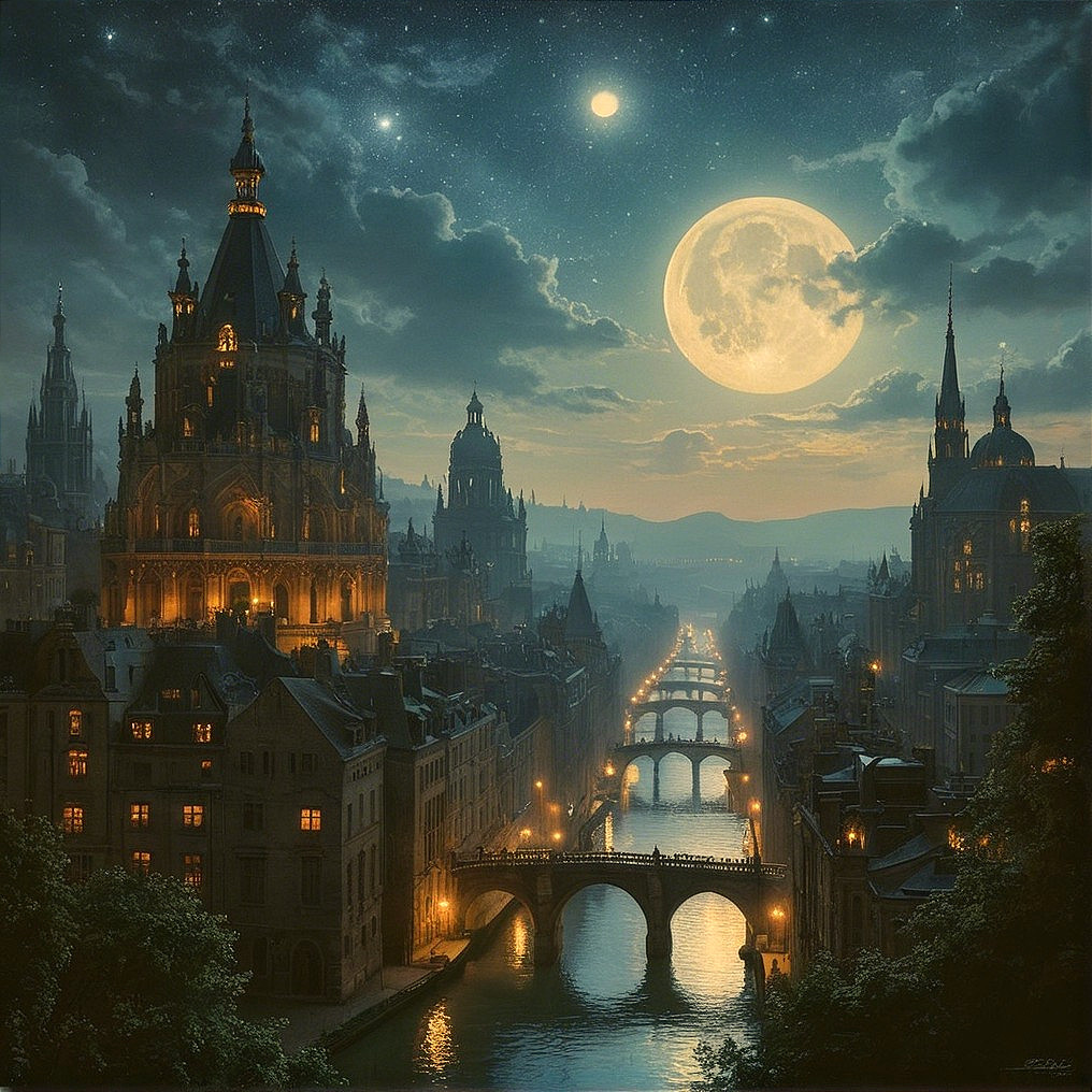 Nighttime Cityscape with Moonlit Canal and Skyline