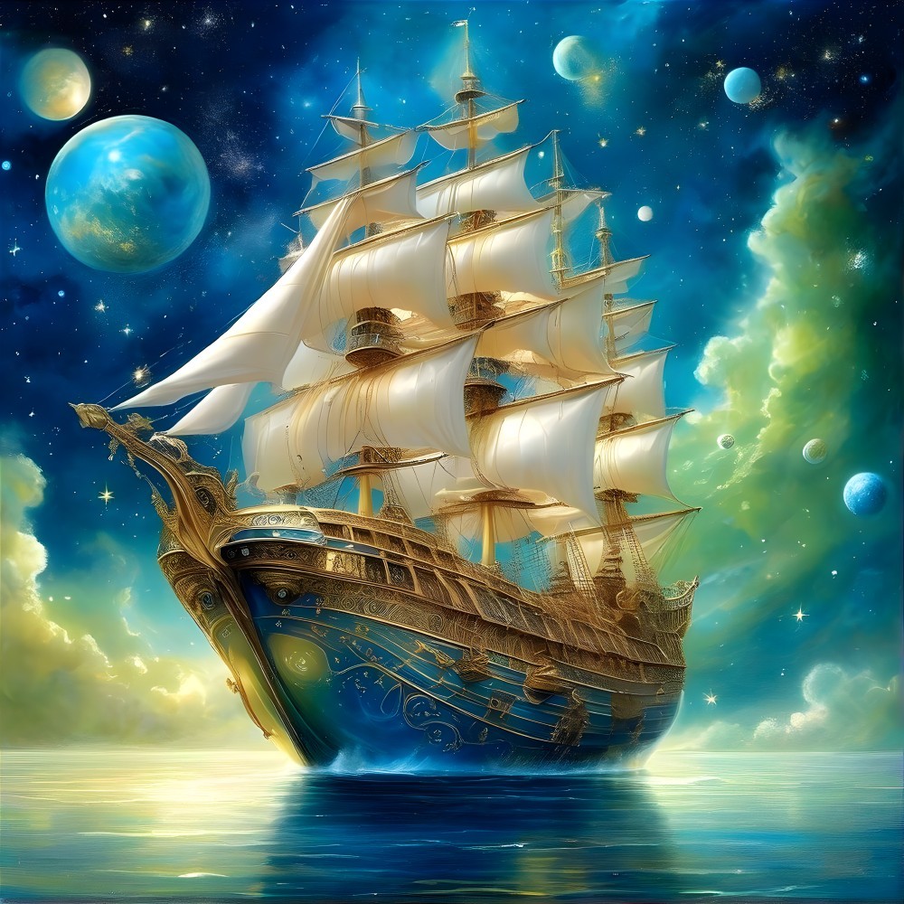 Golden Ship Sailing Through a Cosmic Sea Scene