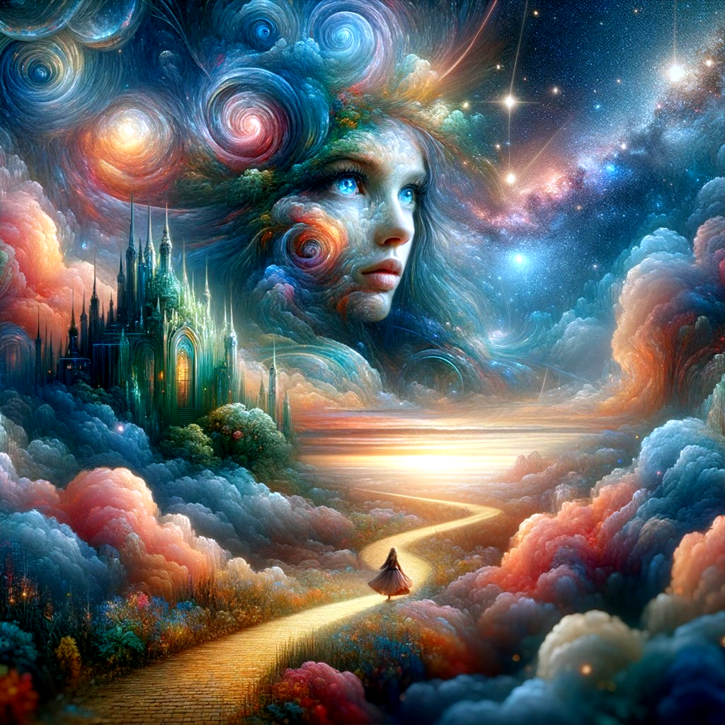 Fantastical image: Female face merges with cosmic sky, castle, figure on glowing path in eth