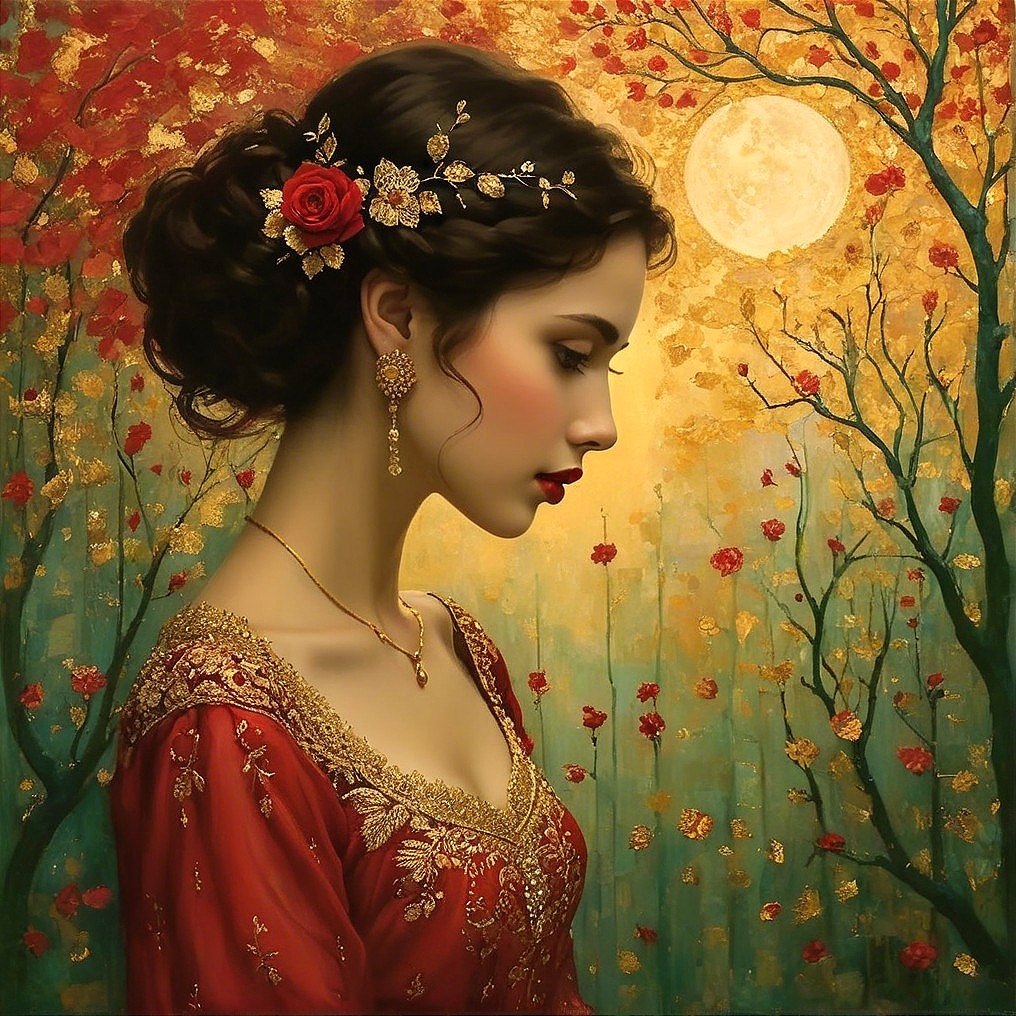 Woman in Indian Dress with Floral Accents and Moonlight