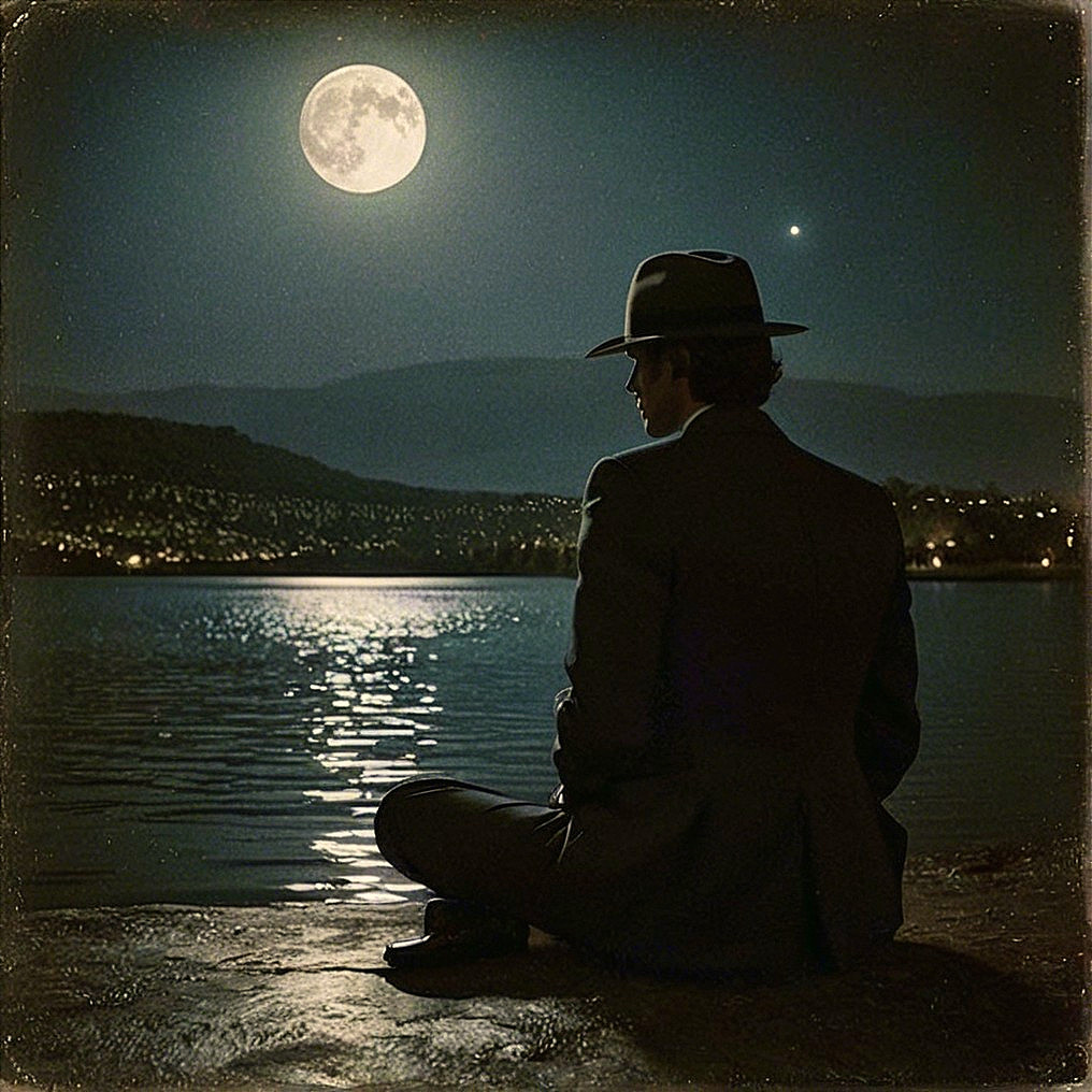 Solitary Figure by Tranquil Lake Under Full Moon