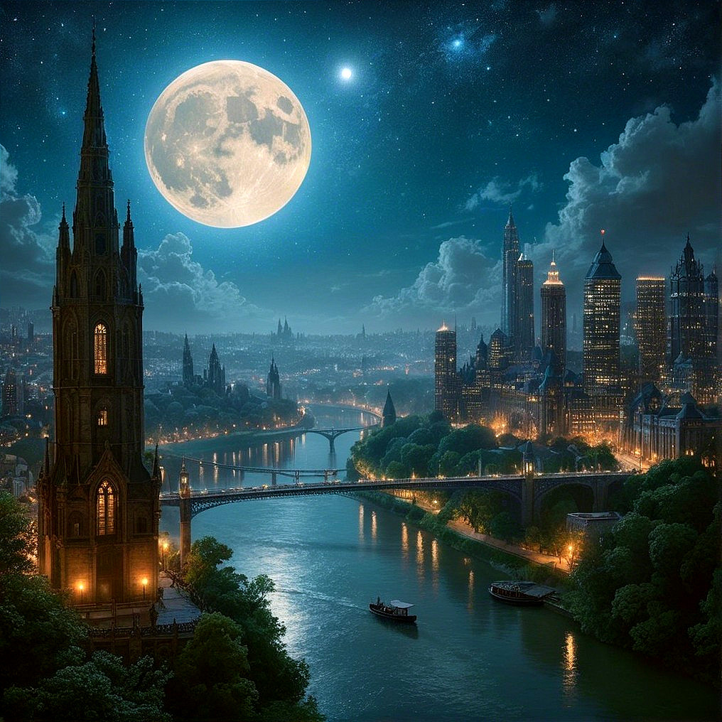 Grand City Skyline at Night with Full Moon Reflection
