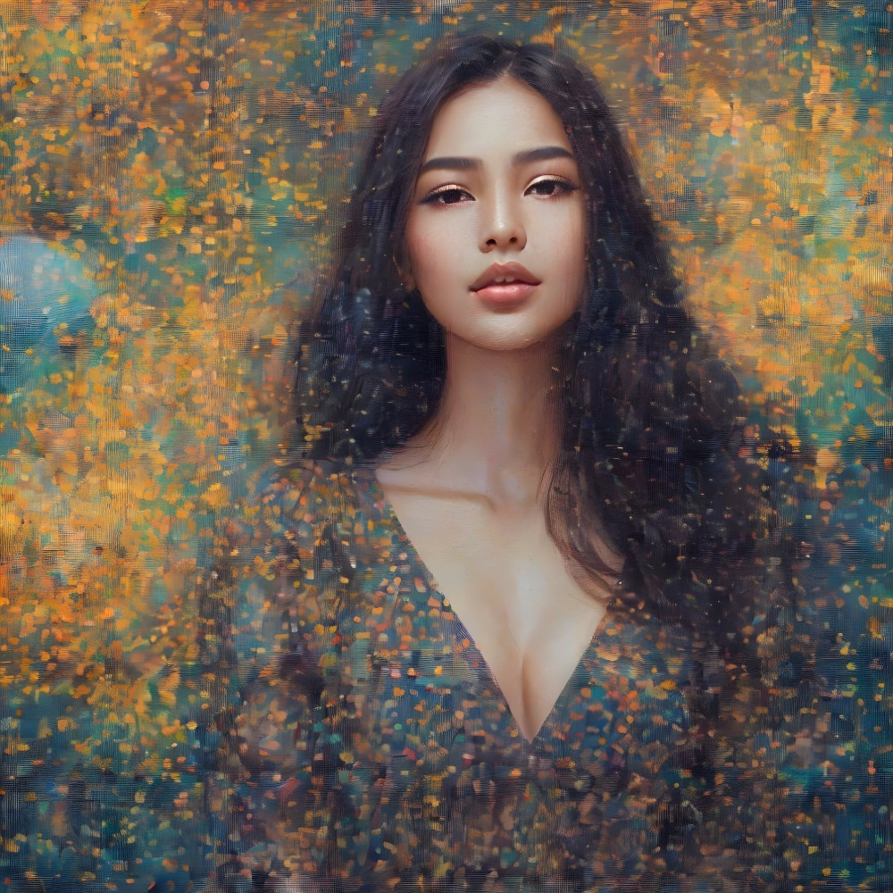 Portrait of a woman in a deep V-neck dress with autumn hues
