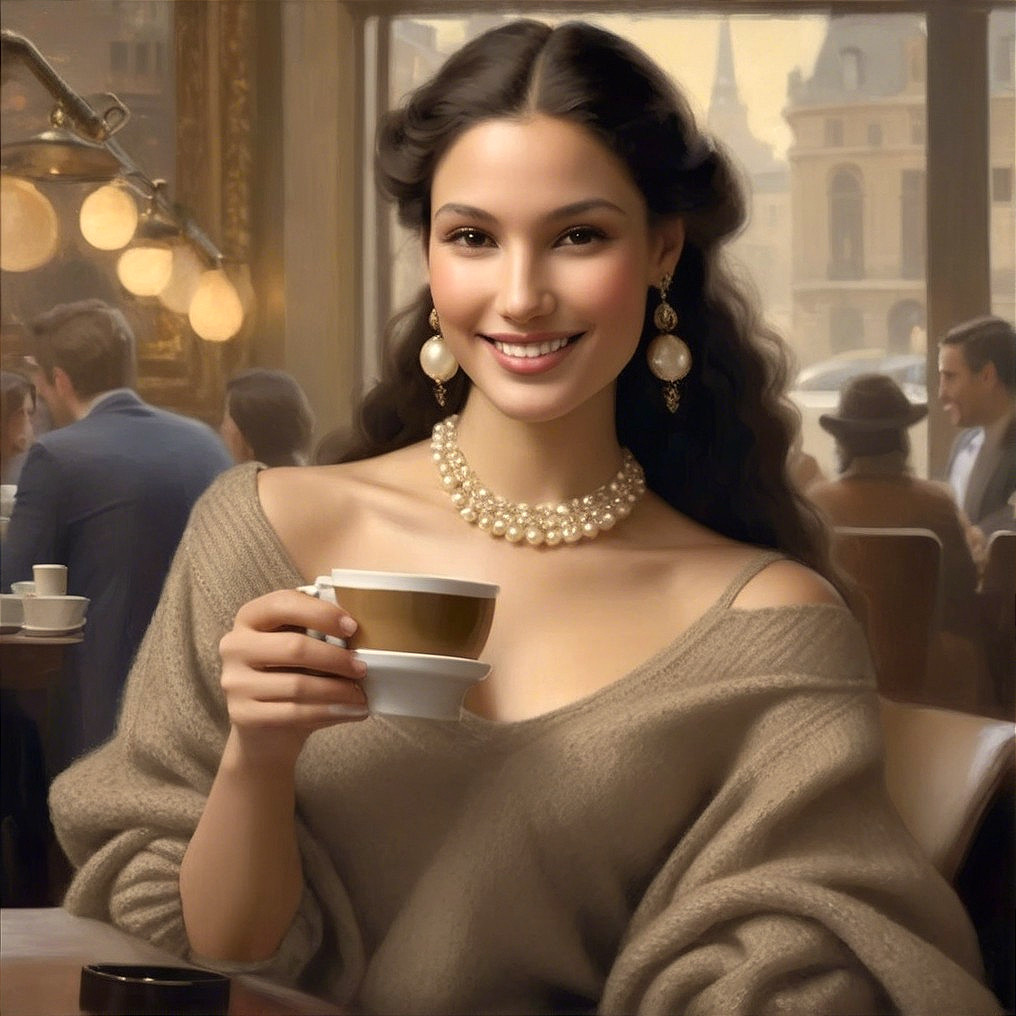 Woman in Elegant Sweater Enjoys Coffee in Cozy Café