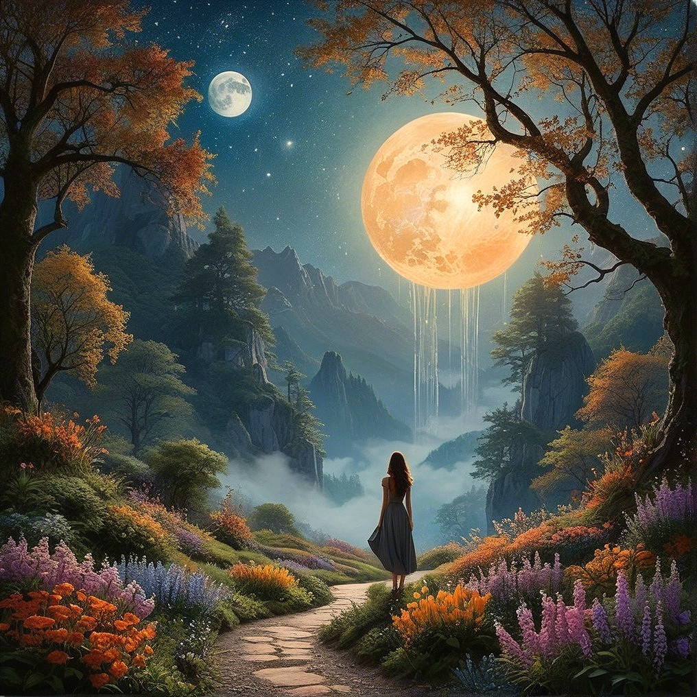 Twilight Landscape with Woman, Flowers, and Moonlight