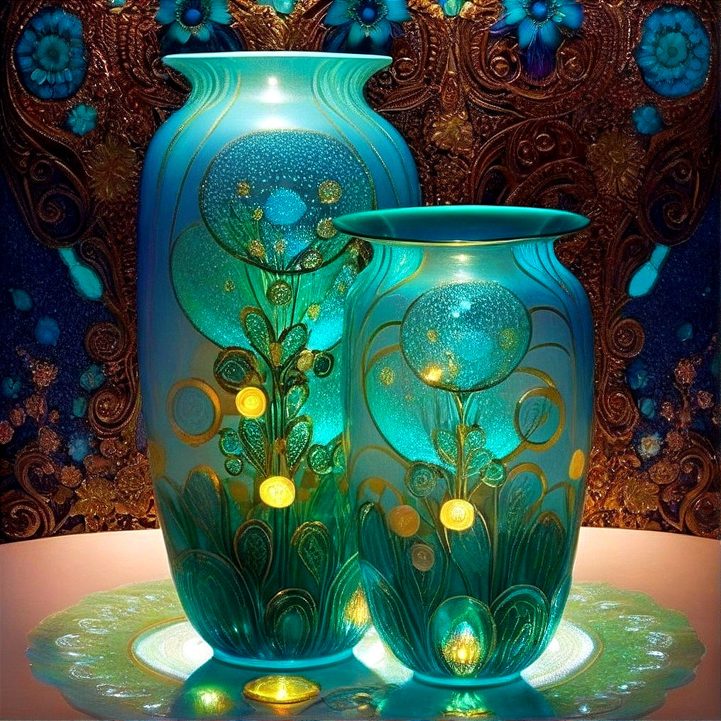 Intricately Designed Turquoise and Blue Glass Vases