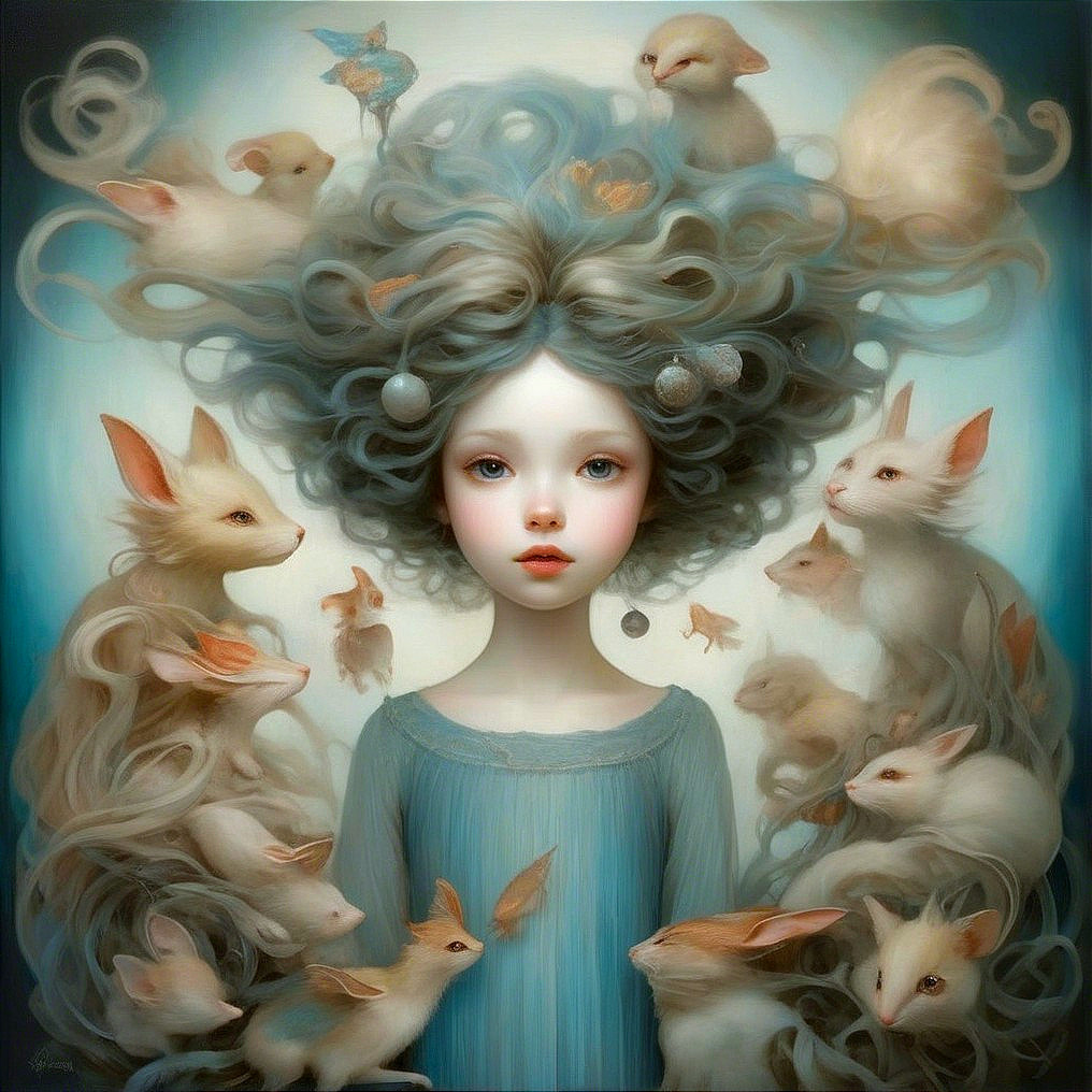 Whimsical Portrait of a Girl with Cloud-Like Hair