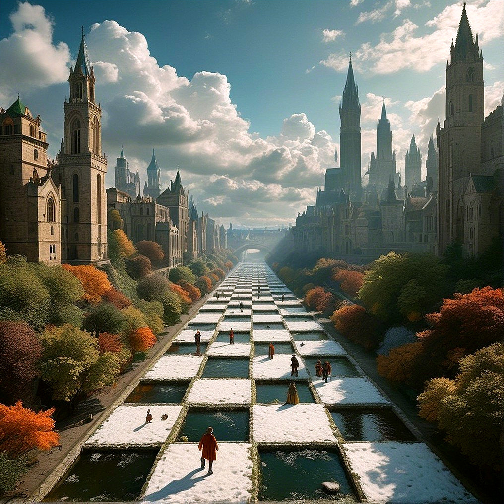 Gothic Landscape with Spires and Colorful Trees