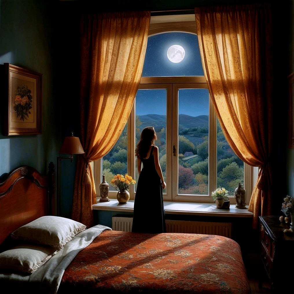 Tranquil Bedroom Scene with Moonlit View and Decor