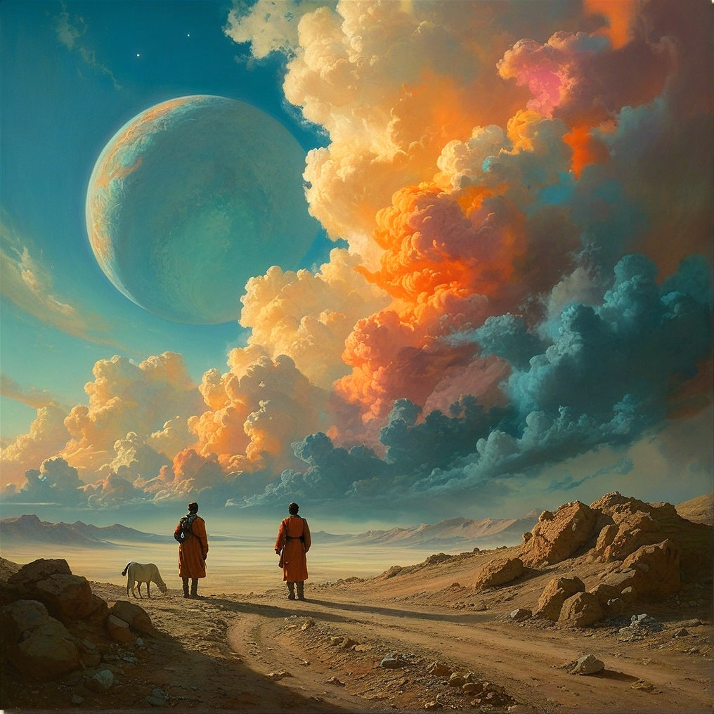 Figures in Robes on Desert Path Under Dramatic Sky