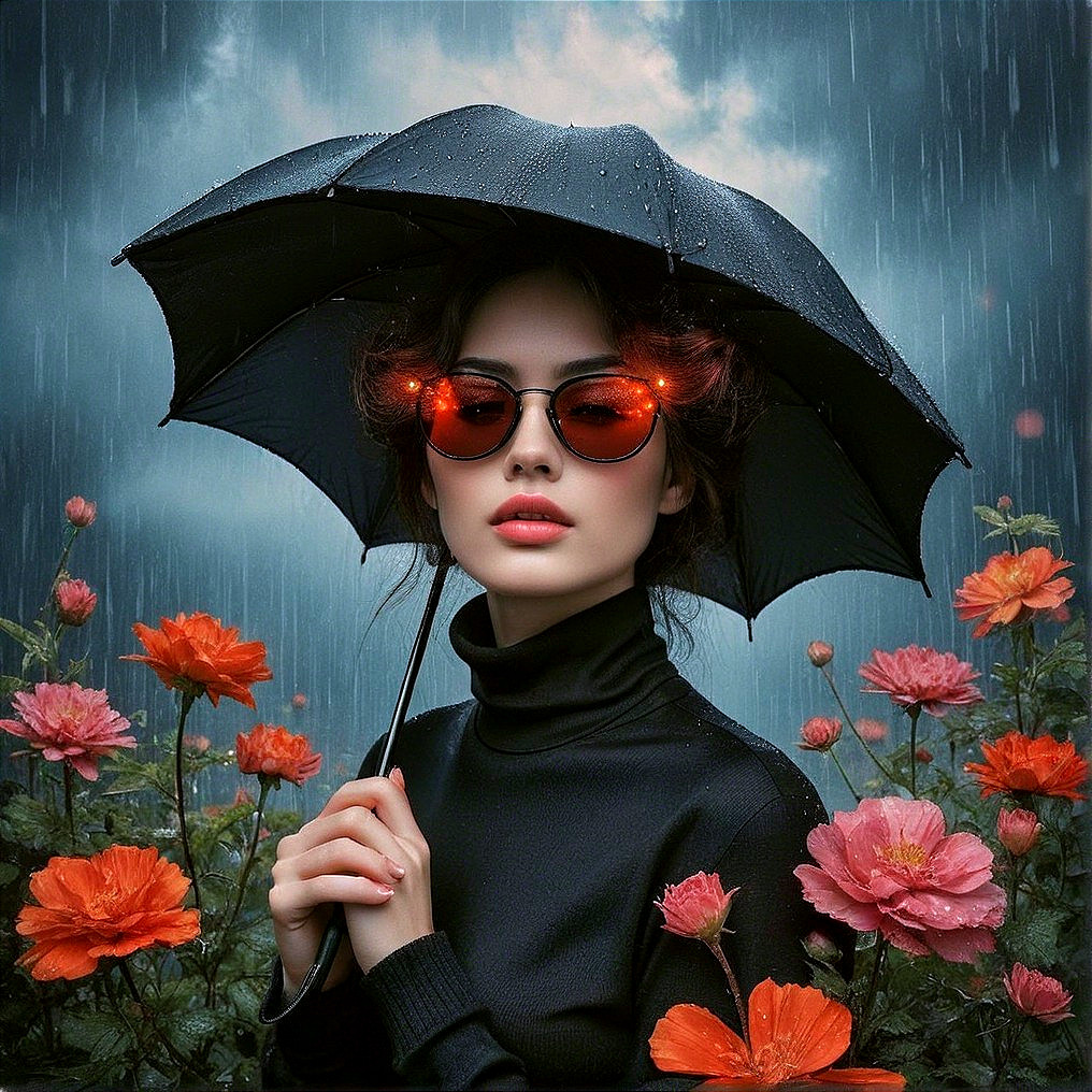 Woman with Umbrella in Rainy Floral Scene