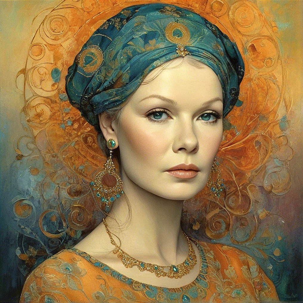 Serene Woman in Teal and Gold Headscarf Portrait