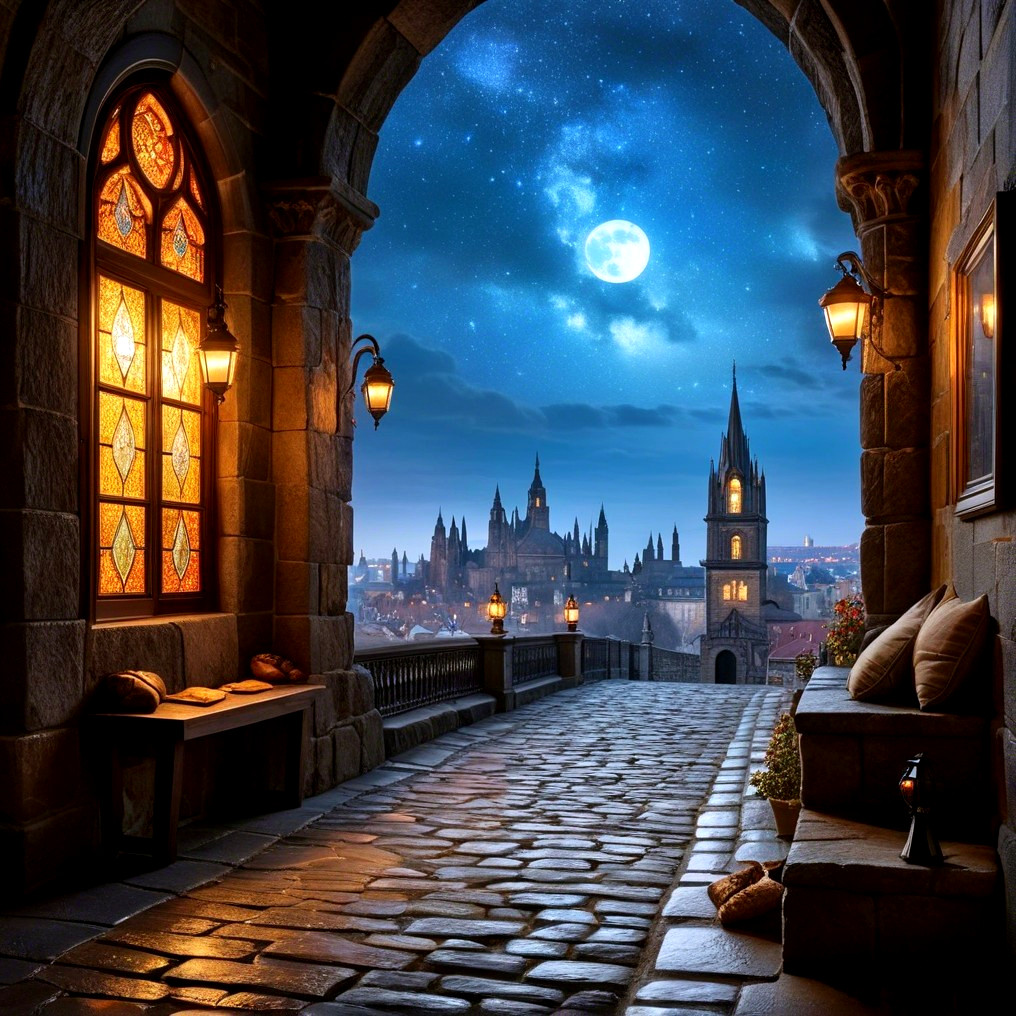 Medieval Stone Archway with Stained Glass and Cityscape