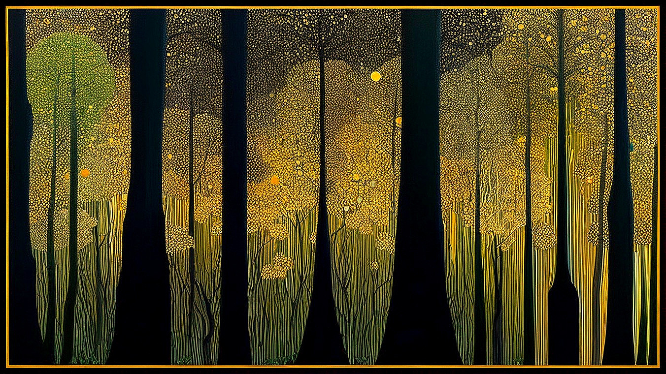 Mesmerizing forest scene with glowing yellow accents