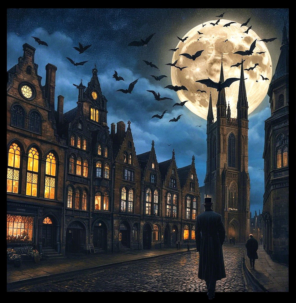 Mysterious Nighttime Scene with Cobblestone Street