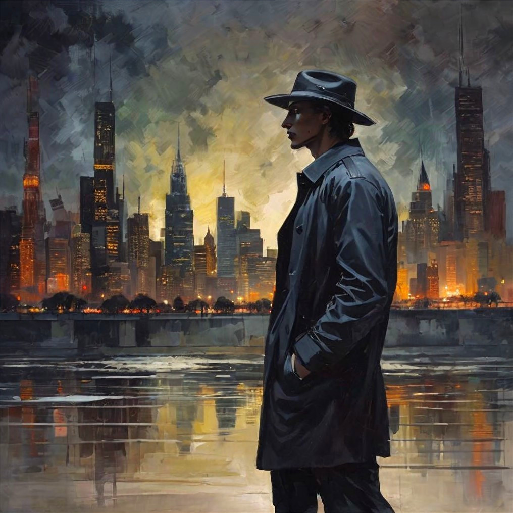 Silhouette of a Figure Against a City Skyline at Dusk