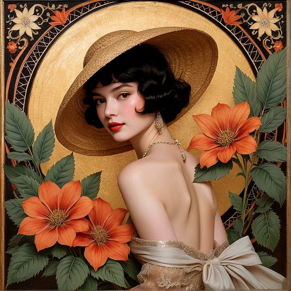 Elegant Woman with Bobbed Hair and Straw Hat