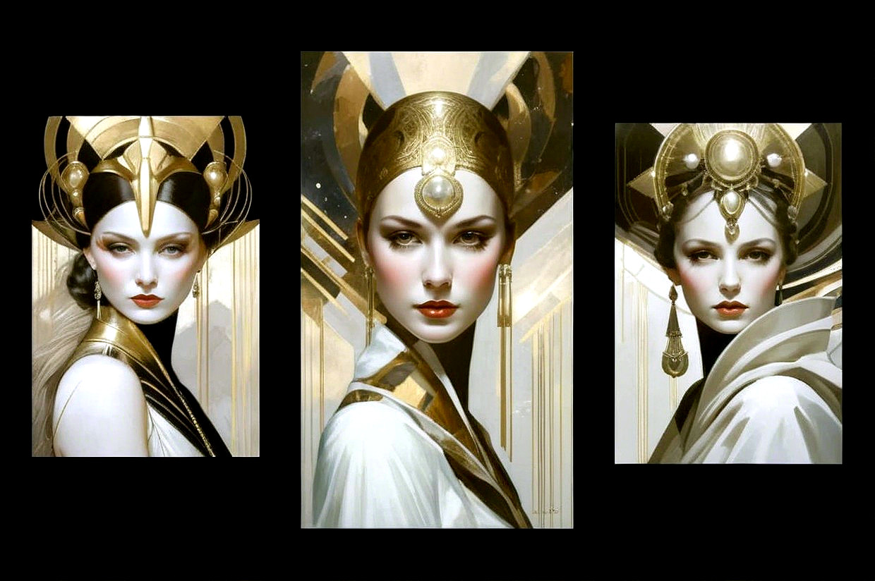 Elegant Figures in Intricate Golden Headdresses