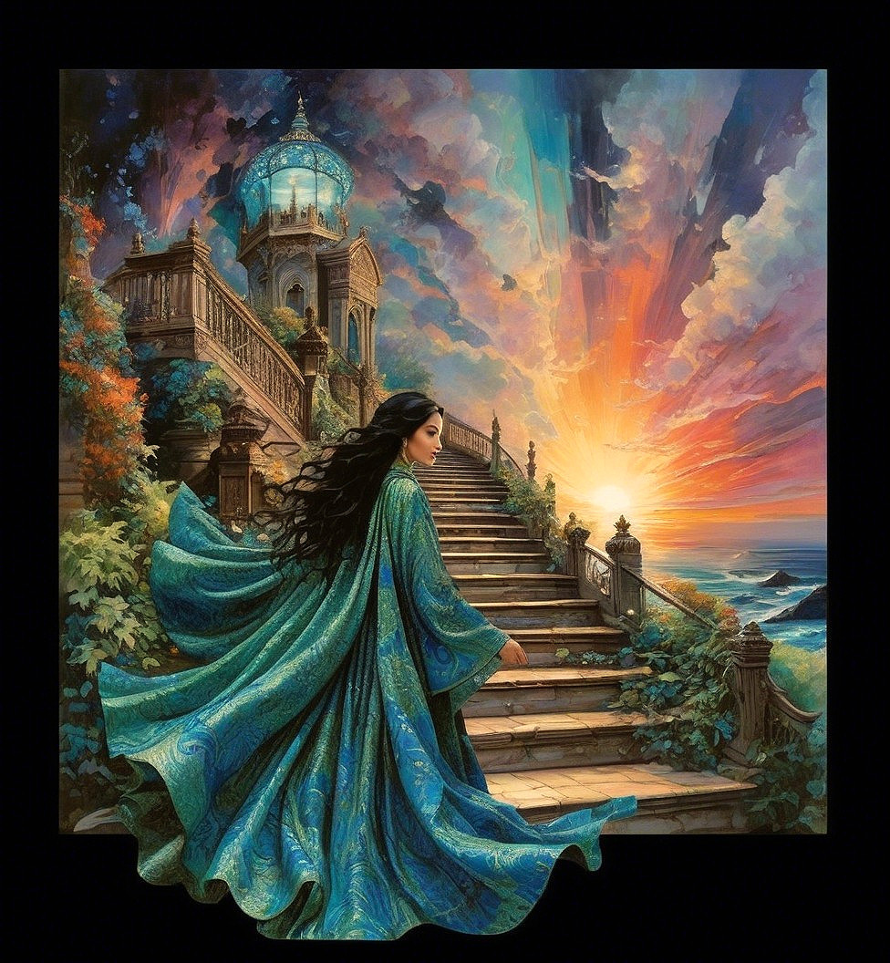Woman in Blue Gown Ascending Grand Staircase at Sunset