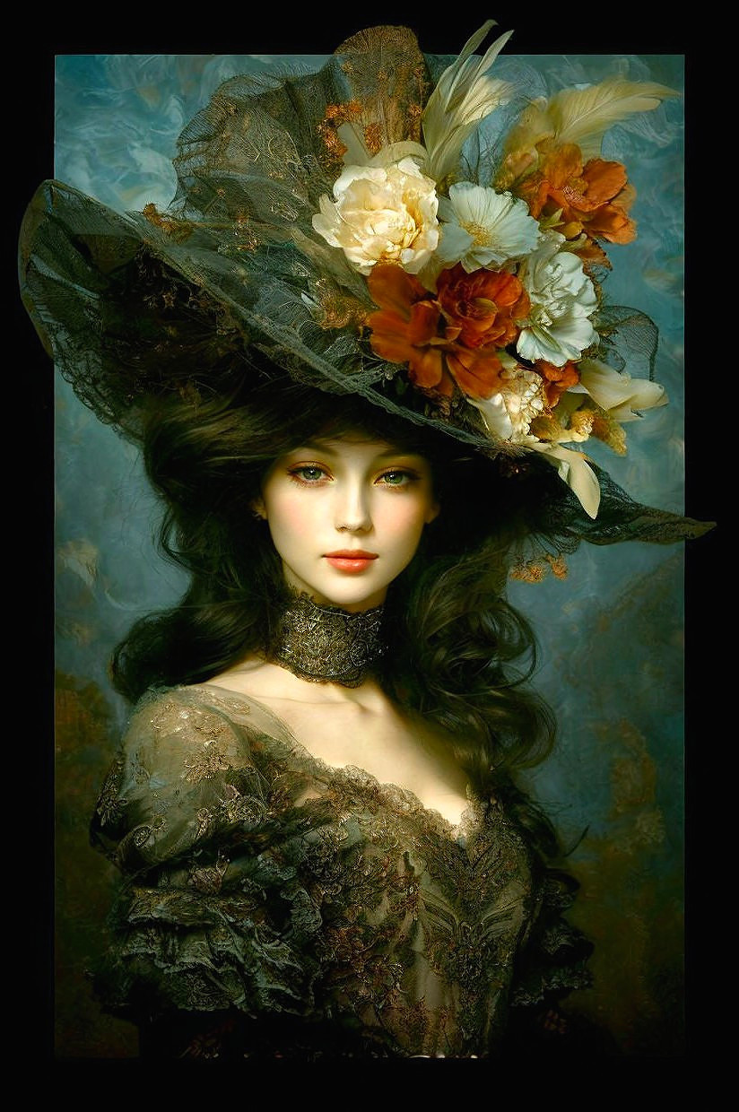 Elegant woman in ornate dress with floral hat