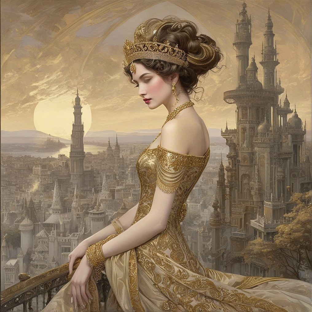Regal Figure in Gold Gown Overlooking Cityscape