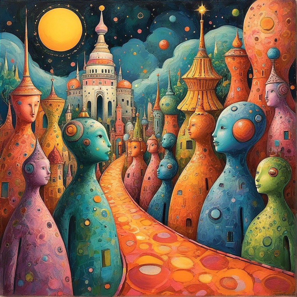 Surreal Landscape with Abstract Figures and Whimsical Castle