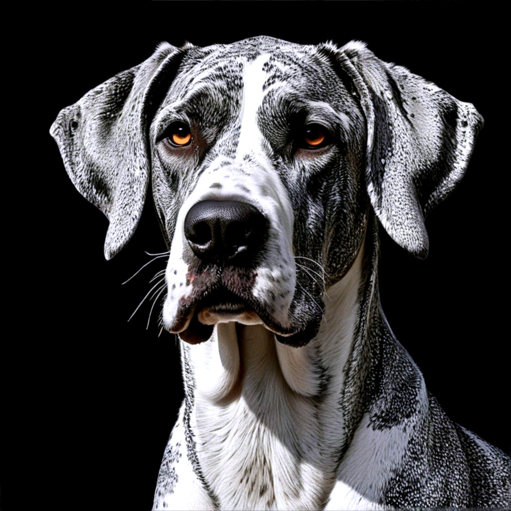Close-up of a white dog with black spots and golden eyes