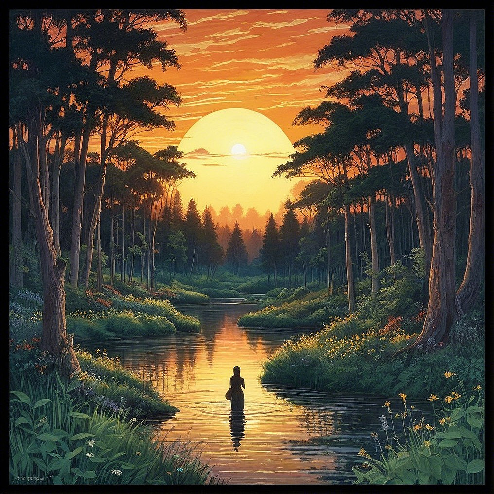 Tranquil River and Sunset in Serene Landscape