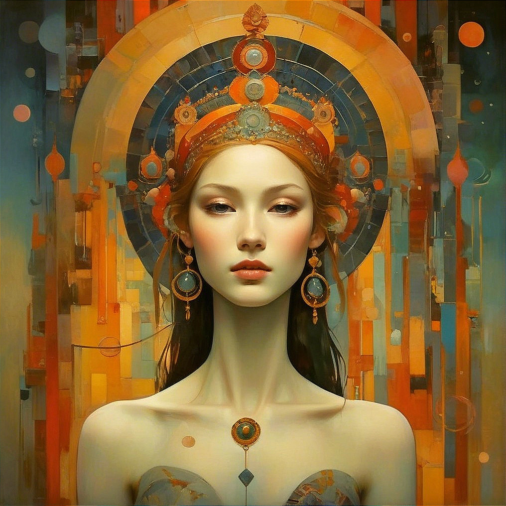 Ethereal Woman with Colorful Headdress and Abstract Background