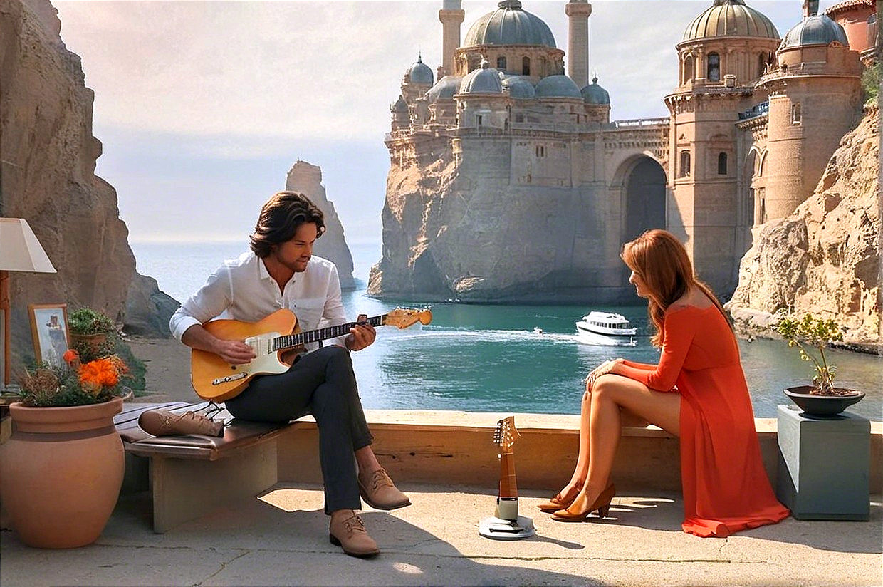 Guitarist by Bay with Scenic Architecture and Nature