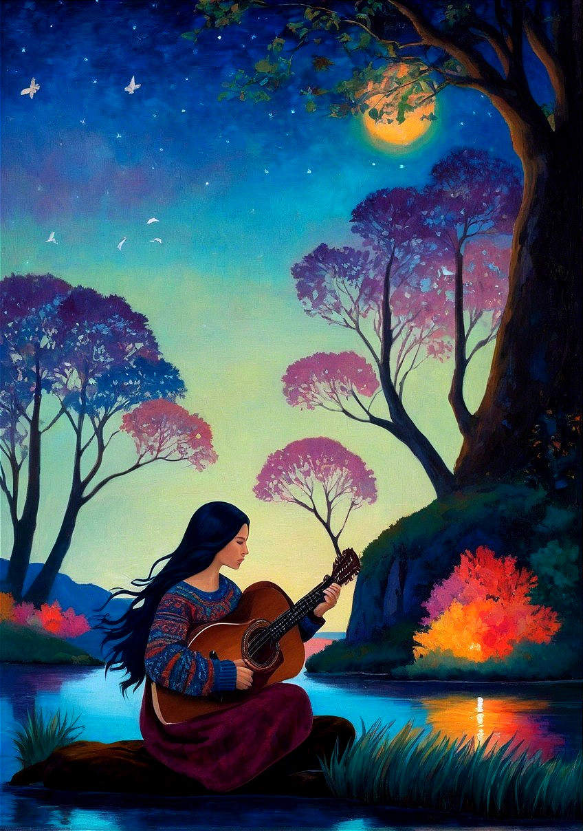 Young Woman Playing Guitar by Calm River at Twilight