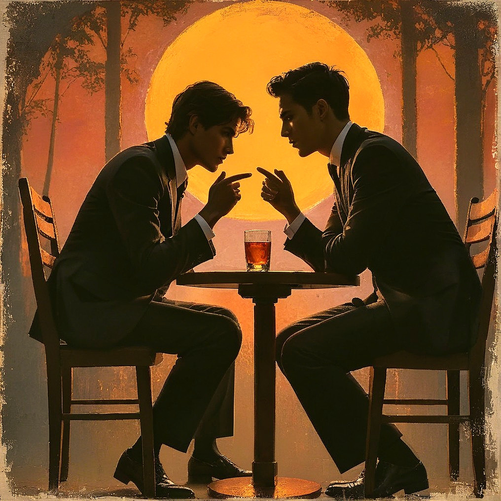 Tense Standoff Between Two Men at Sunset Table