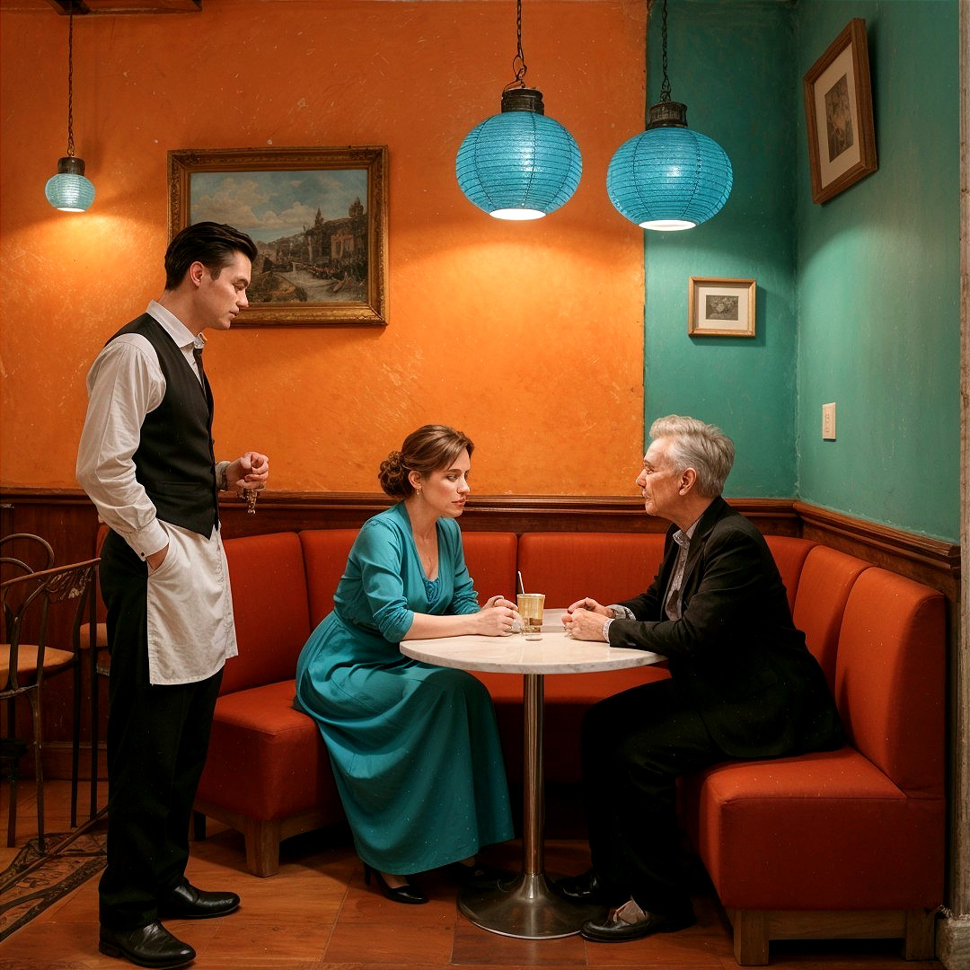 Cozy café scene with vibrant décor and serious conversation