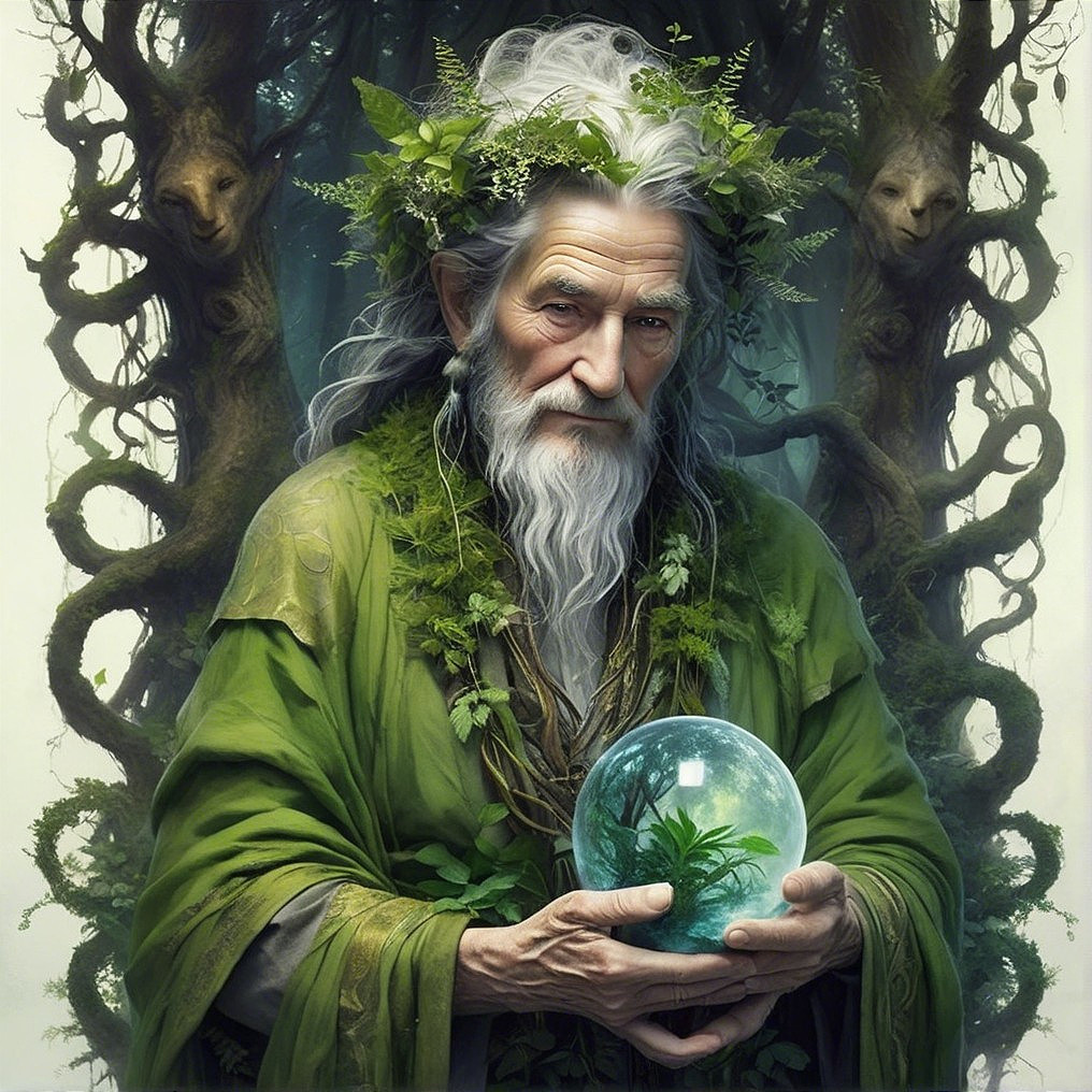 Elderly figure with crystal orb in a mystical forest