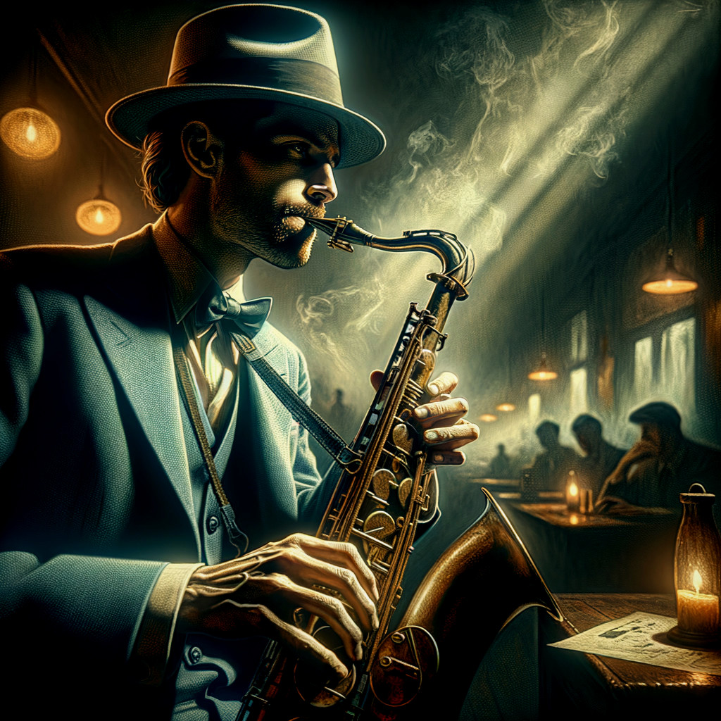 Man in Fedora Playing Saxophone in Jazz Club