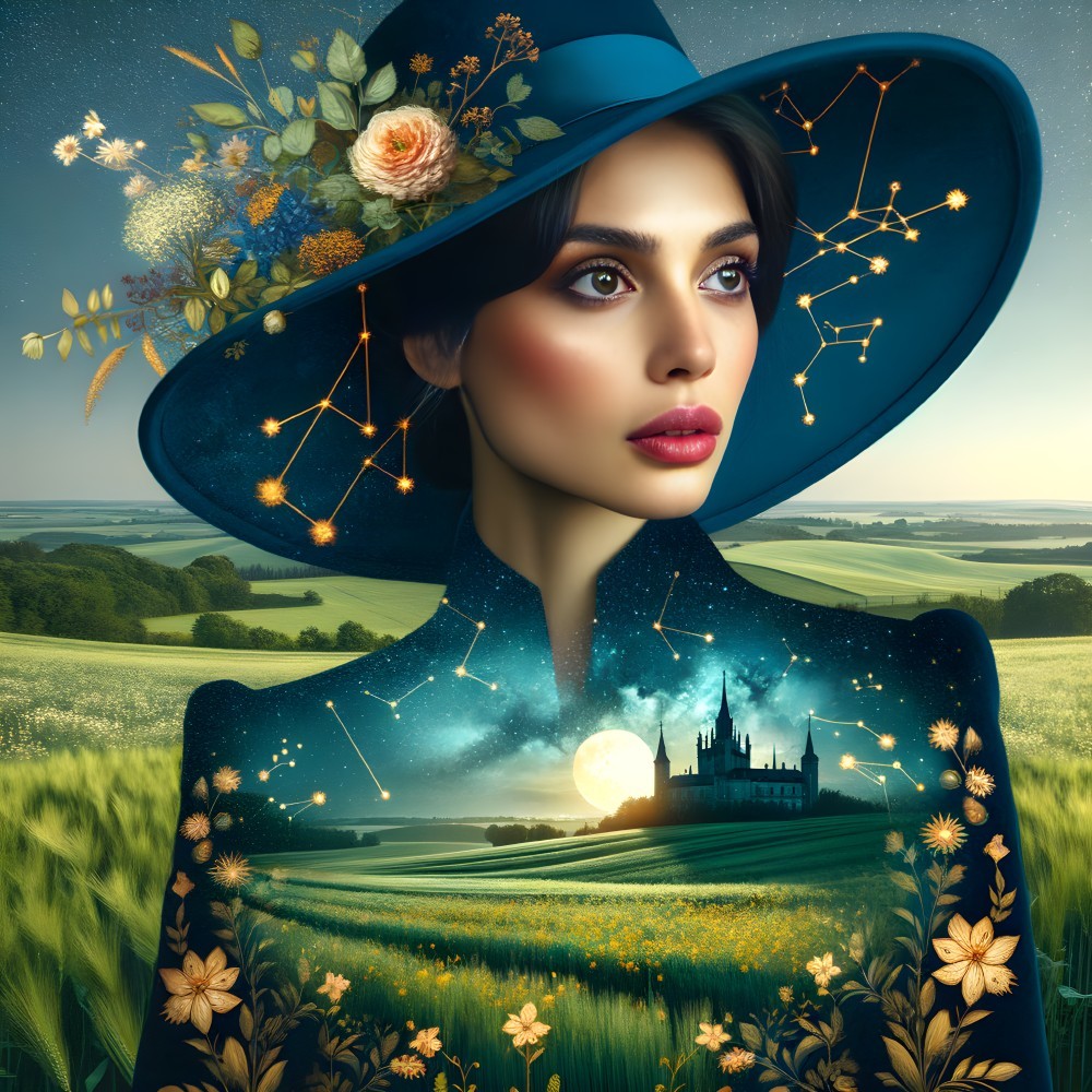 Woman in Blue Hat in Surreal Moonlit Landscape