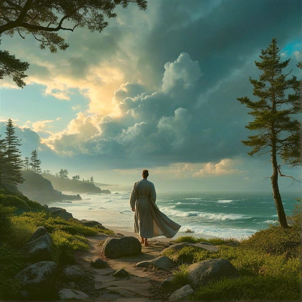 Man in flowing robe walking along rocky coastline path