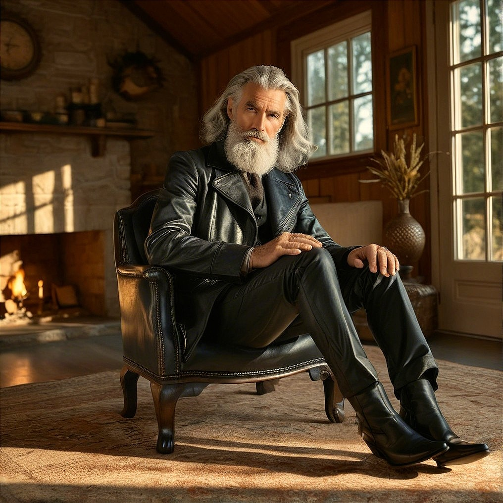 Elegant Older Man in Leather Chair with Fireplace