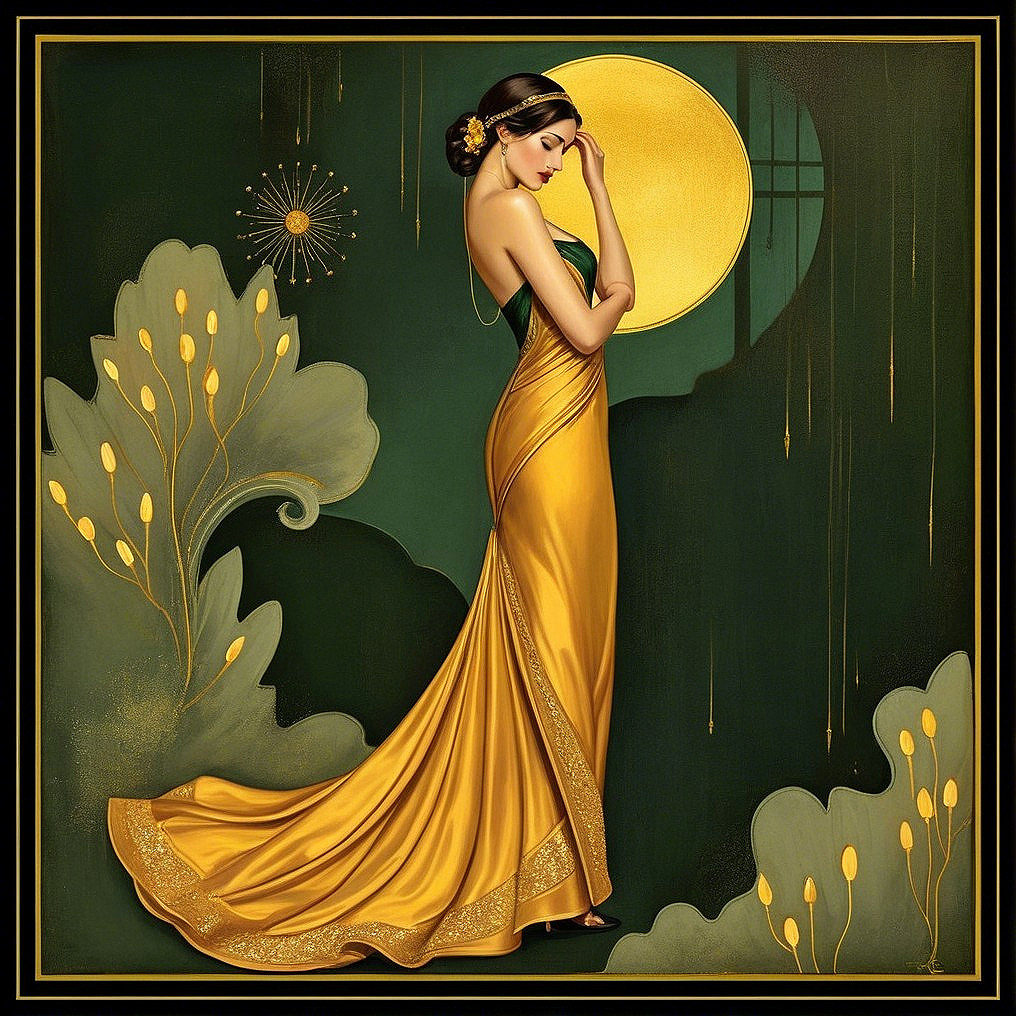 Elegant Woman in Golden Gown Against Green Backdrop