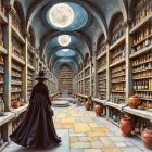 Cloaked Figure in Enchanted Library with Potions