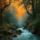Serene forest scene with golden light and river