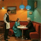 Cozy café scene with vibrant décor and serious conversation