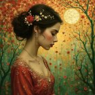 Woman in Indian Dress with Floral Accents and Moonlight