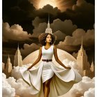 Fashionable Woman in White Dress Against Dramatic Skyline