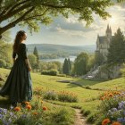 Woman in Green Gown on Hillside with Castle View