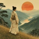 Serene Landscape with Woman in Traditional Kimono