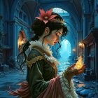 Mystical hallway with a woman holding a glowing orb