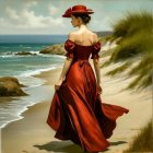 Woman in Red Dress at Sandy Beach Scene