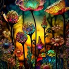 Vibrant Digital Fantasy Garden with Crystalline Flowers