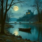 Tranquil River Scene with Moonlit Landscape and Castle